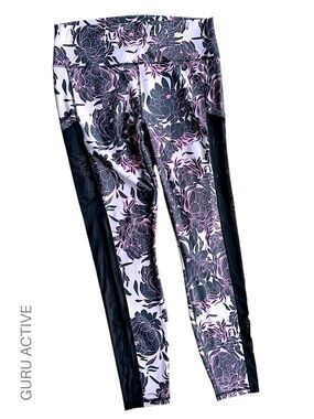 GURU ACTIVE NWOT FLORAL LEGGING PINK & BLACK SIDE & INTERIOR POCKETS | LARGE